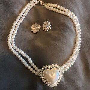 Elegant Pearl Heart Necklace/choker, and Earring Set clip ons